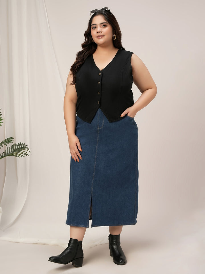 Women Plus Size Denim Vest- Black