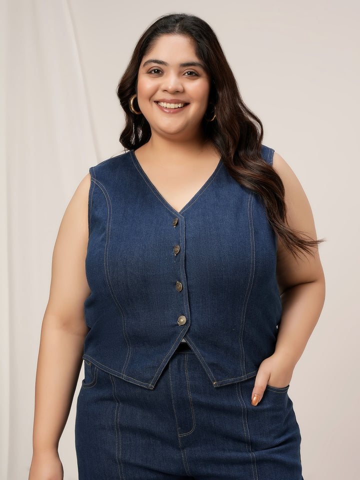 Women Plus Size Denim Vest- Navy Blue