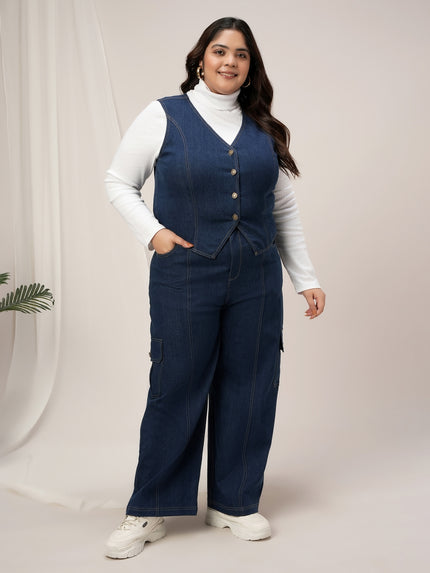 Women Plus Size Denim Vest- Navy Blue