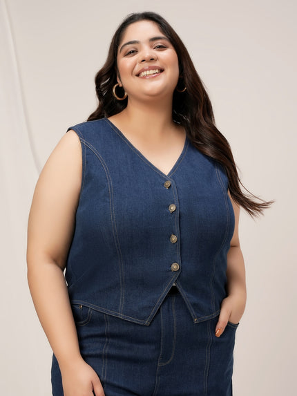 Women Plus Size Denim Vest- Navy Blue