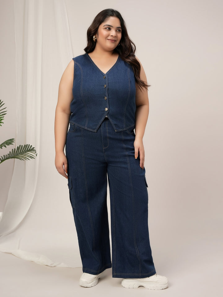 Women Plus Size Denim Vest- Navy Blue