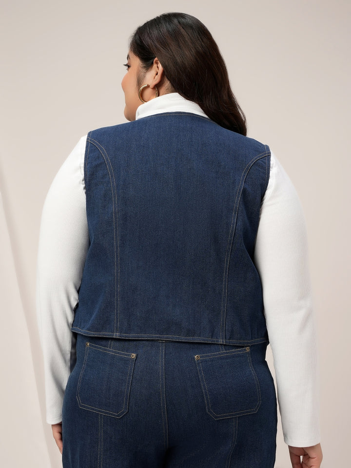 Women Plus Size Denim Vest- Navy Blue