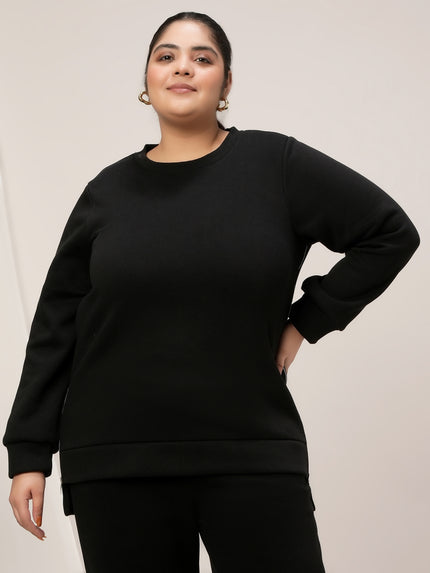 Women Plus Size Fleece Winter Co-Ord Set- Black