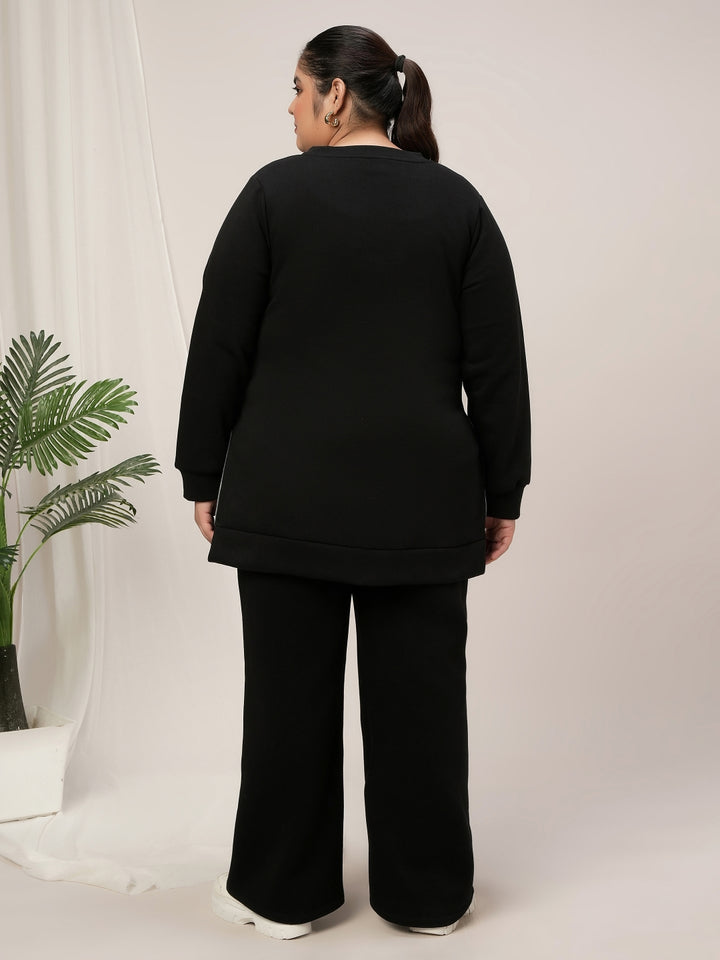 Women Plus Size Fleece Winter Co-Ord Set- Black