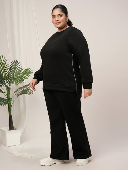 Women Plus Size Fleece Winter Co-Ord Set- Black