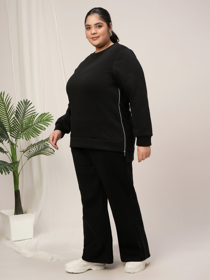 Women Plus Size Fleece Winter Co-Ord Set- Black