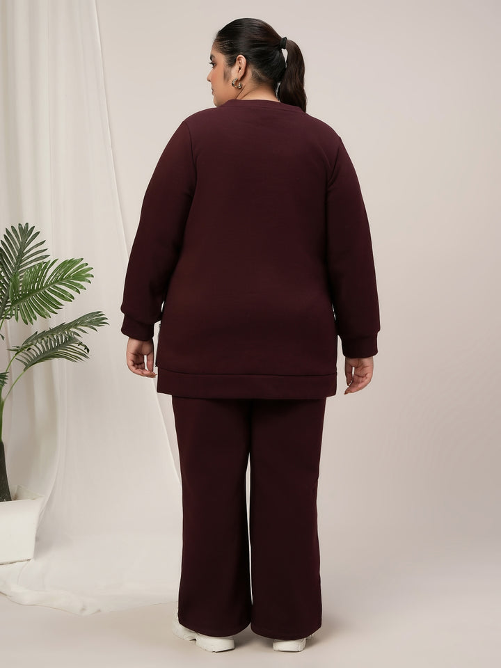 Women Plus Size Fleece Winter Co-Ord Set- Maroon