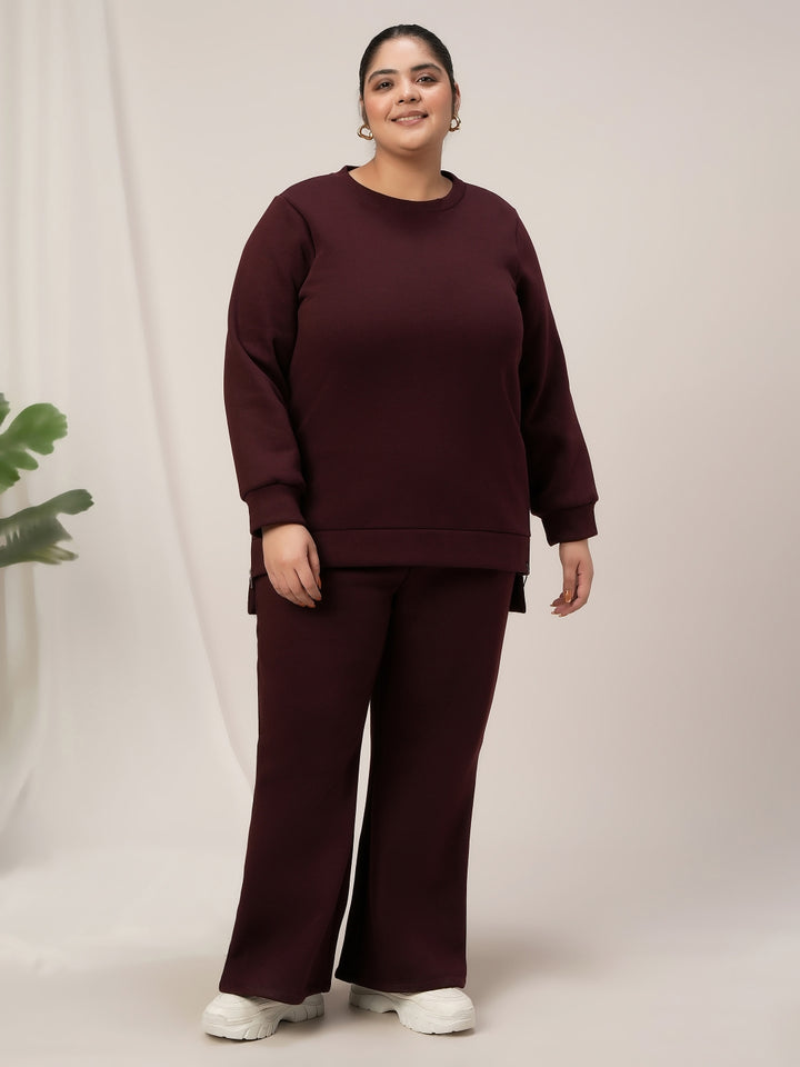 Women Plus Size Fleece Winter Co-Ord Set- Maroon