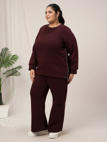 Women Plus Size Fleece Winter Co-Ord Set- Maroon