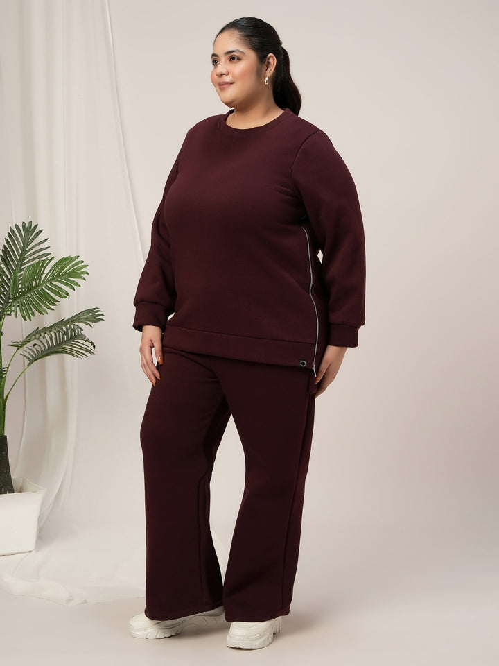 Women Plus Size Fleece Winter Co-Ord Set- Maroon