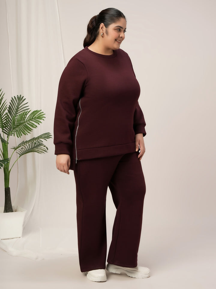 Women Plus Size Fleece Winter Co-Ord Set- Maroon