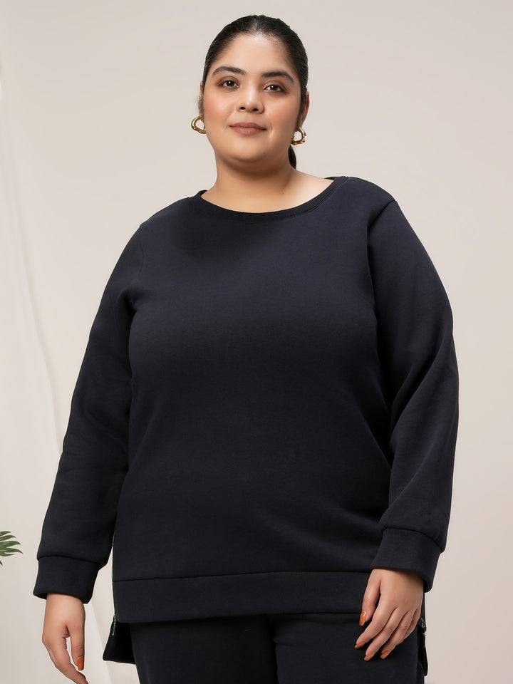 Women Plus Size Fleece Winter Co-Ord Set- Navy Blue