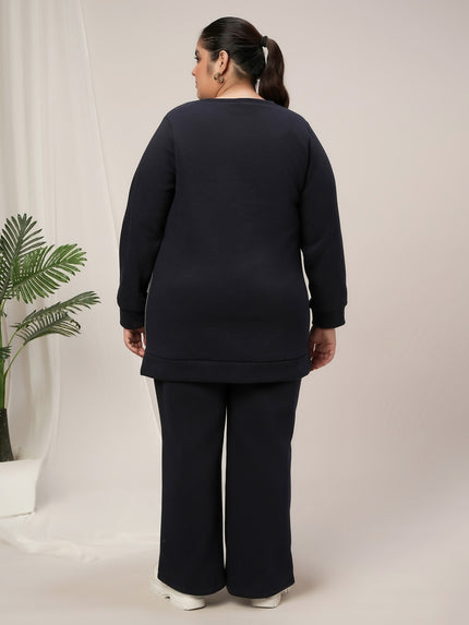 Women Plus Size Fleece Winter Co-Ord Set- Navy Blue