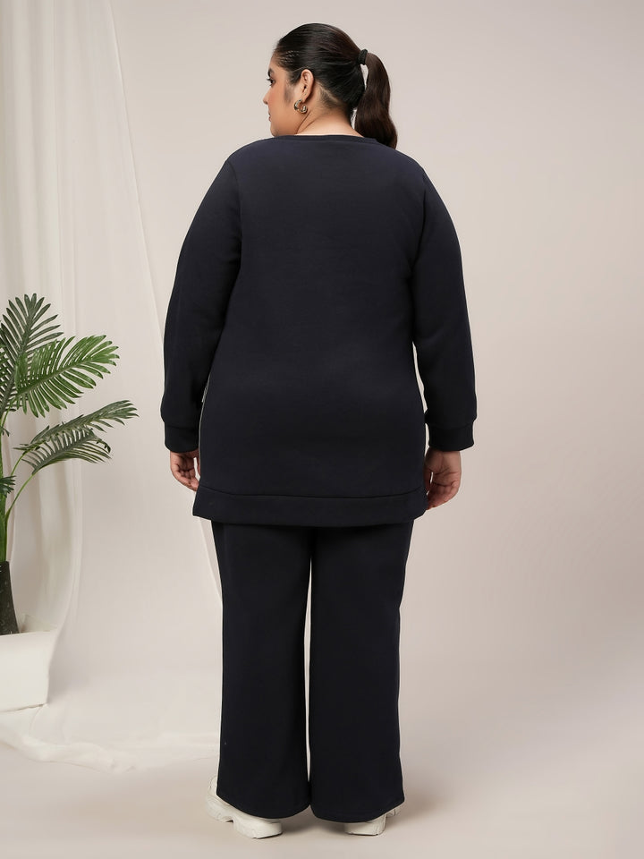 Women Plus Size Fleece Winter Co-Ord Set- Navy Blue