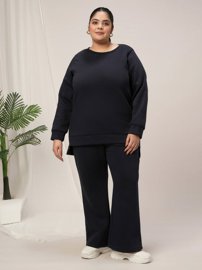Women Plus Size Fleece Winter Co-Ord Set- Navy Blue