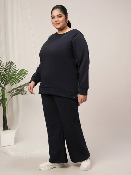 Women Plus Size Fleece Winter Co-Ord Set- Navy Blue