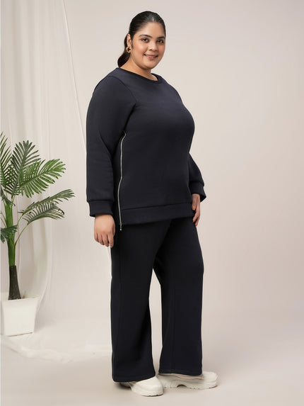 Women Plus Size Fleece Winter Co-Ord Set- Navy Blue