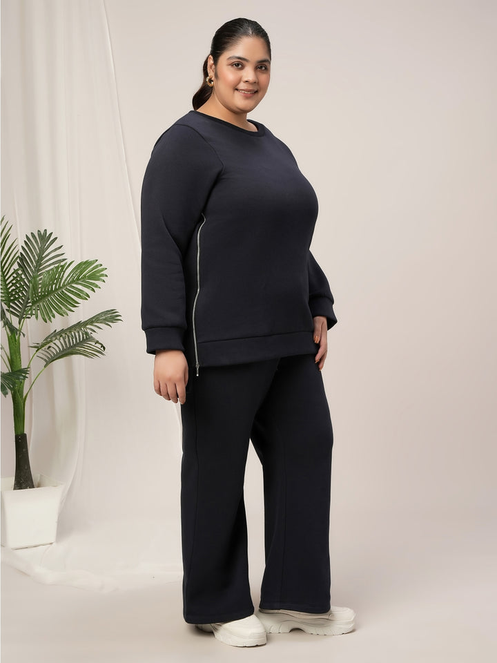 Women Plus Size Fleece Winter Co-Ord Set- Navy Blue