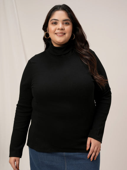 Women Plus Size High Neck Stretch T-Shirt- Black