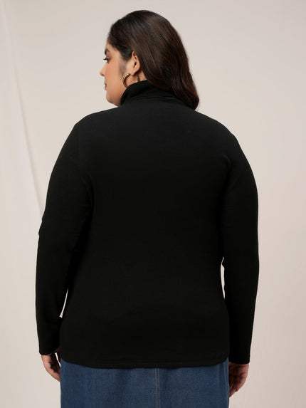 Women Plus Size High Neck Stretch T-Shirt- Black