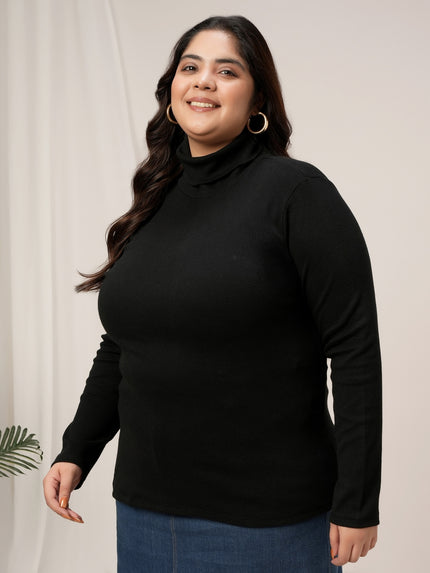 Women Plus Size High Neck Stretch T-Shirt- Black