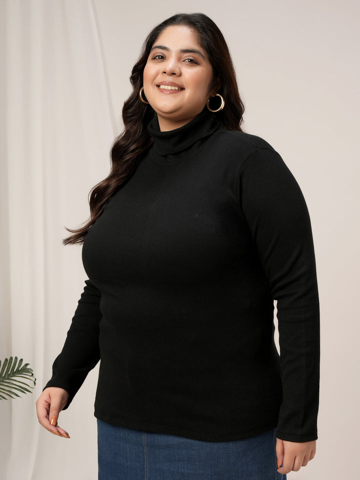 Women Plus Size High Neck Stretch T-Shirt- Black