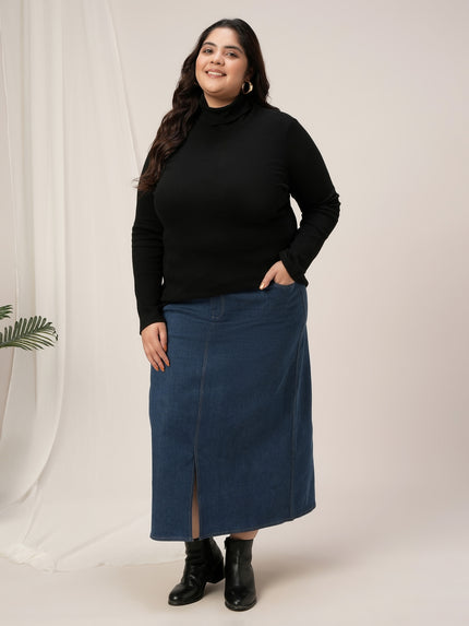 Women Plus Size High Neck Stretch T-Shirt- Black