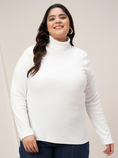 Women Plus Size High Neck Stretch T-Shirt- White