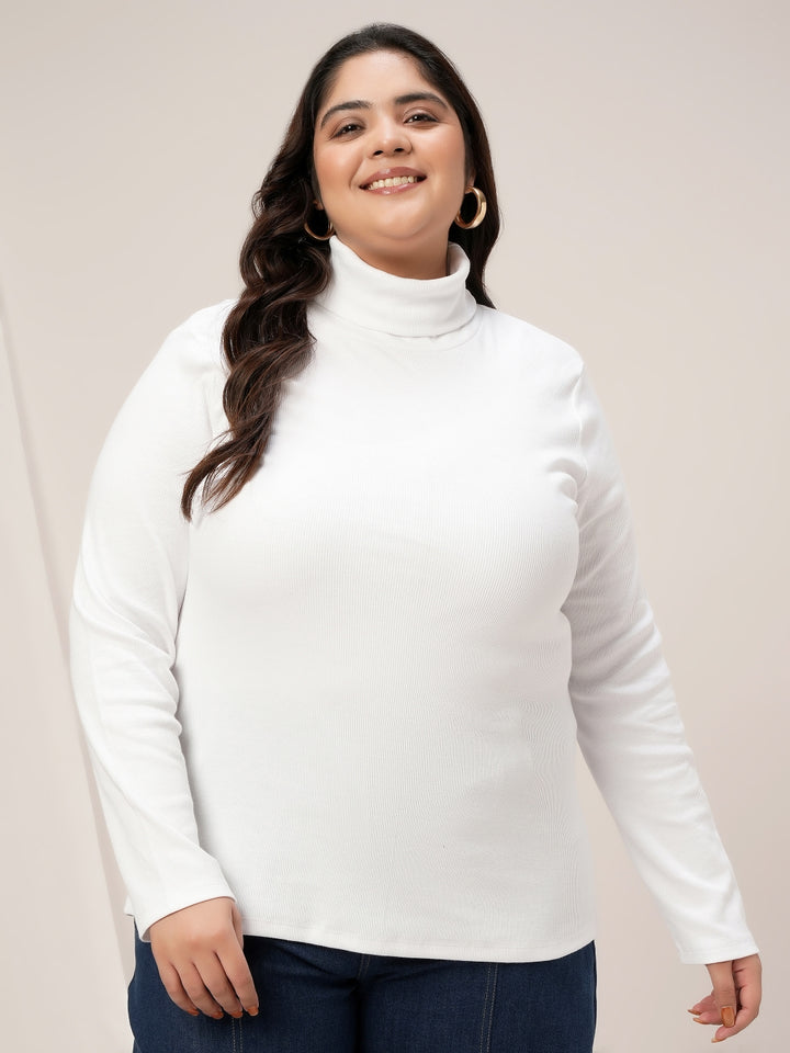 Women Plus Size High Neck Stretch T-Shirt- White