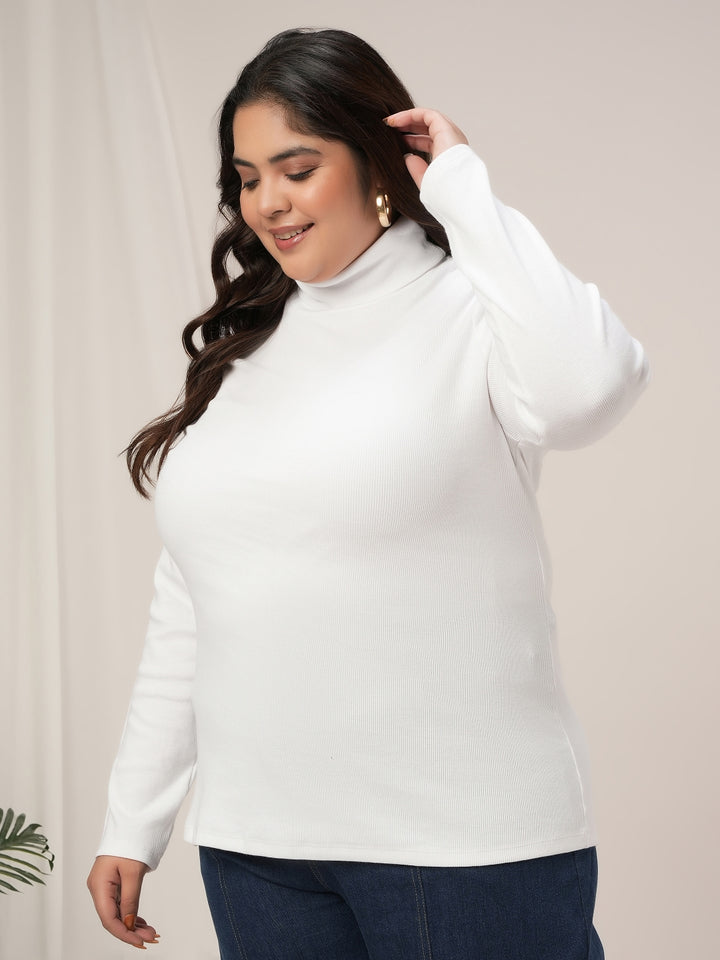 Women Plus Size High Neck Stretch T-Shirt- White