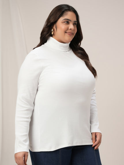 Women Plus Size High Neck Stretch T-Shirt- White