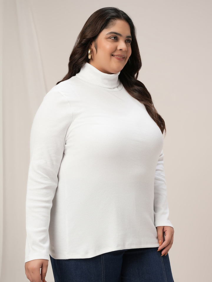 Women Plus Size High Neck Stretch T-Shirt- White