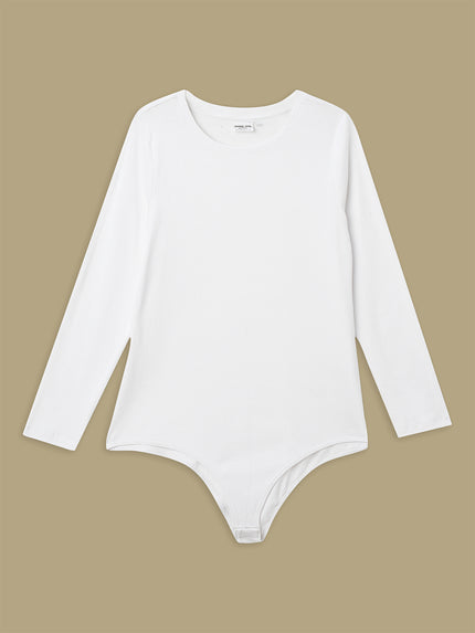 Women Plus Size Long Sleeve Bodysuit- White