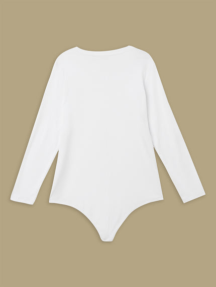 Women Plus Size Long Sleeve Bodysuit- White