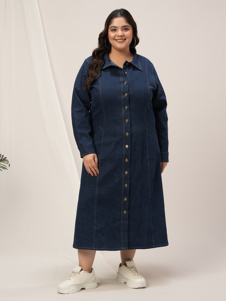Plus Size Navy Blue Denim Shirt Dress