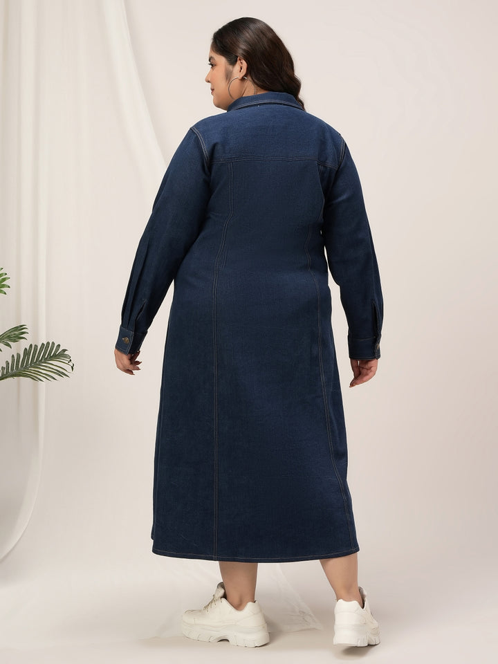 Plus Size Navy Blue Denim Shirt Dress