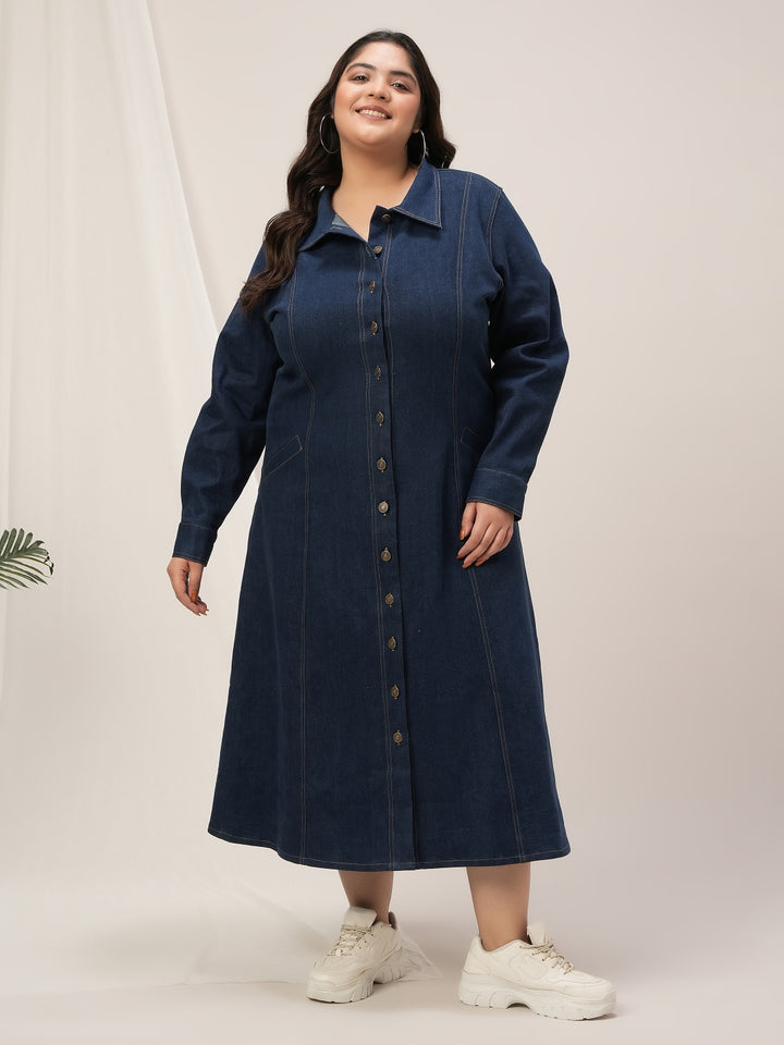 Plus Size Navy Blue Denim Shirt Dress