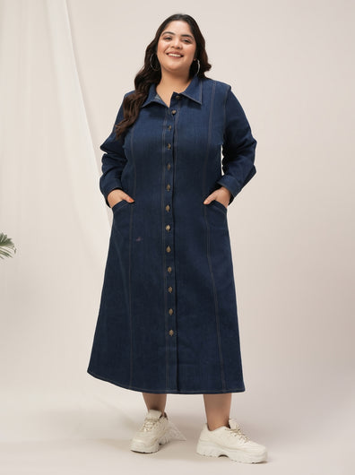 Plus Size Navy Blue Denim Shirt Dress