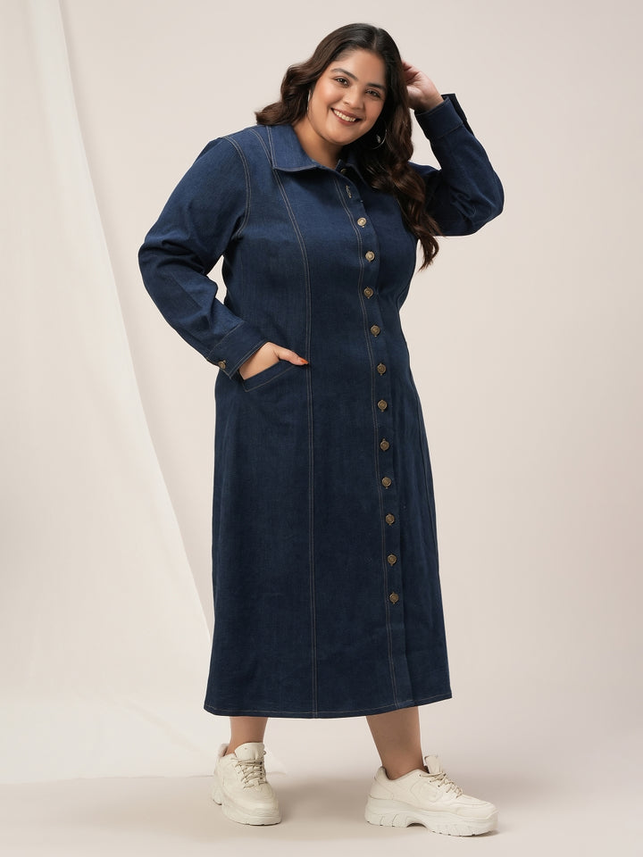 plus size denim shirt dress Blue Plus Size Denim Maxi Shirt Dress with Collar & Side Split for Women