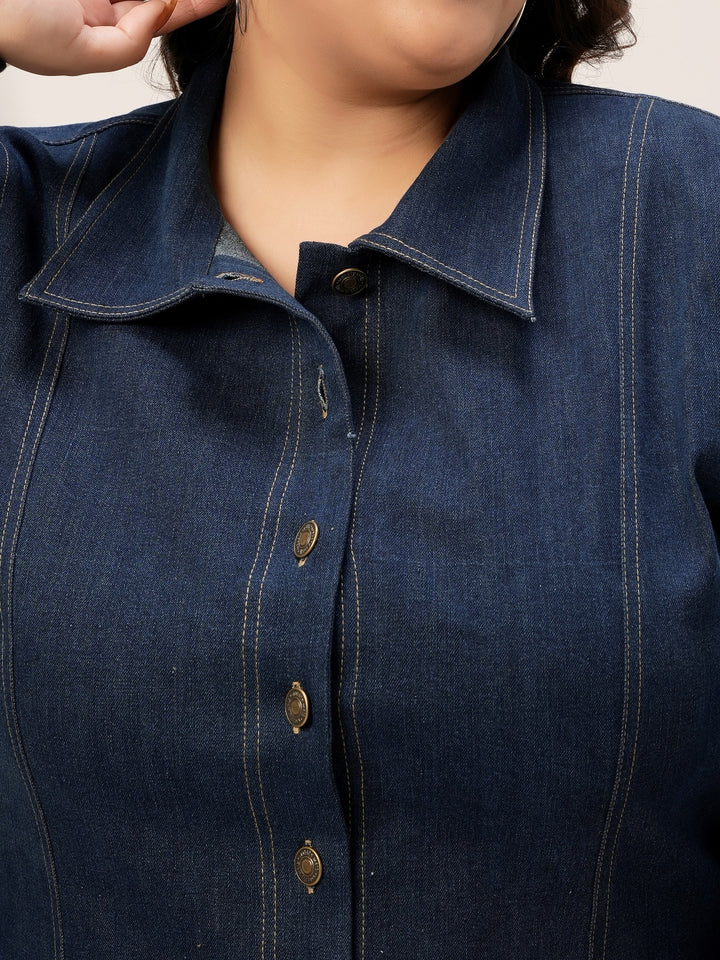 Plus Size Navy Blue Denim Shirt Dress