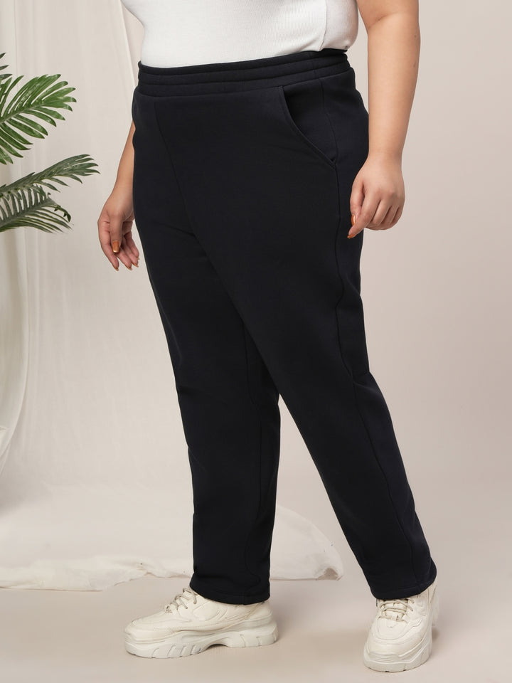 Women Plus Size Winter Fleece Leggings- Navy Blue