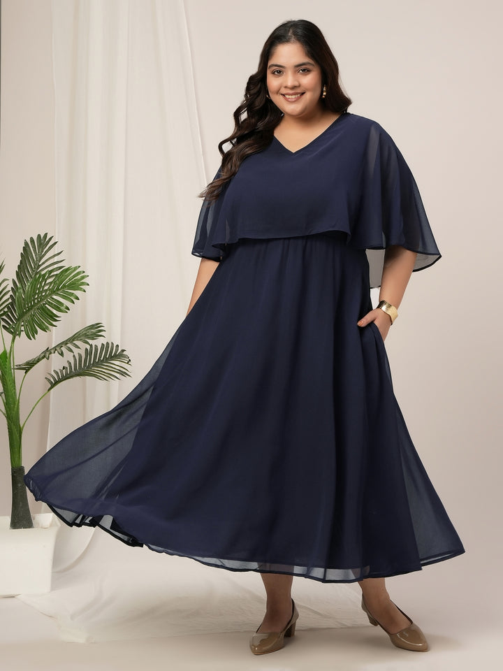 Plus Size Party Georgette Midi Dress Cape Sleeves
