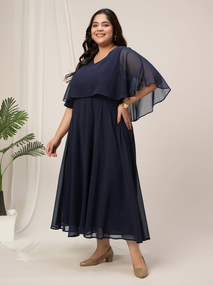 Plus Size Party Georgette Midi Dress Cape Sleeves