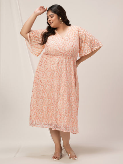 Plus Size Peach Lace Midi Dress