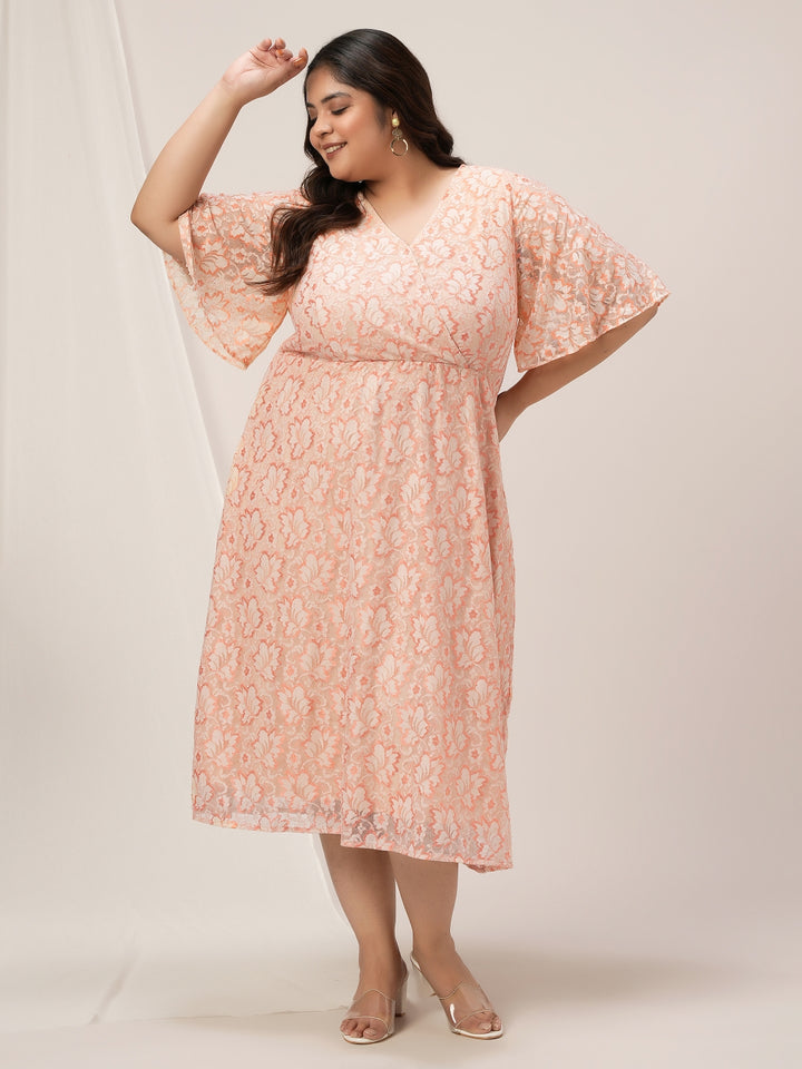 Plus Size Peach Lace Midi Dress