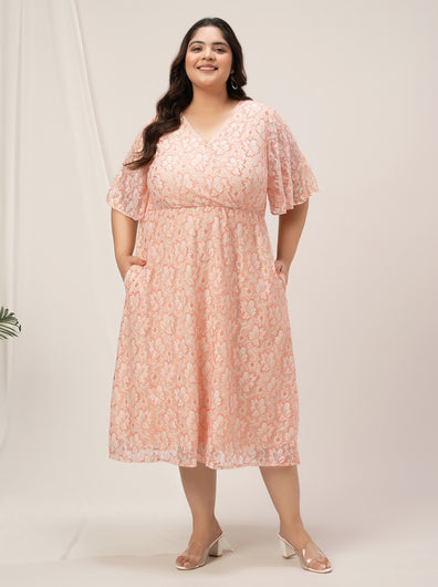 Plus Size Peach Lace Midi Dress