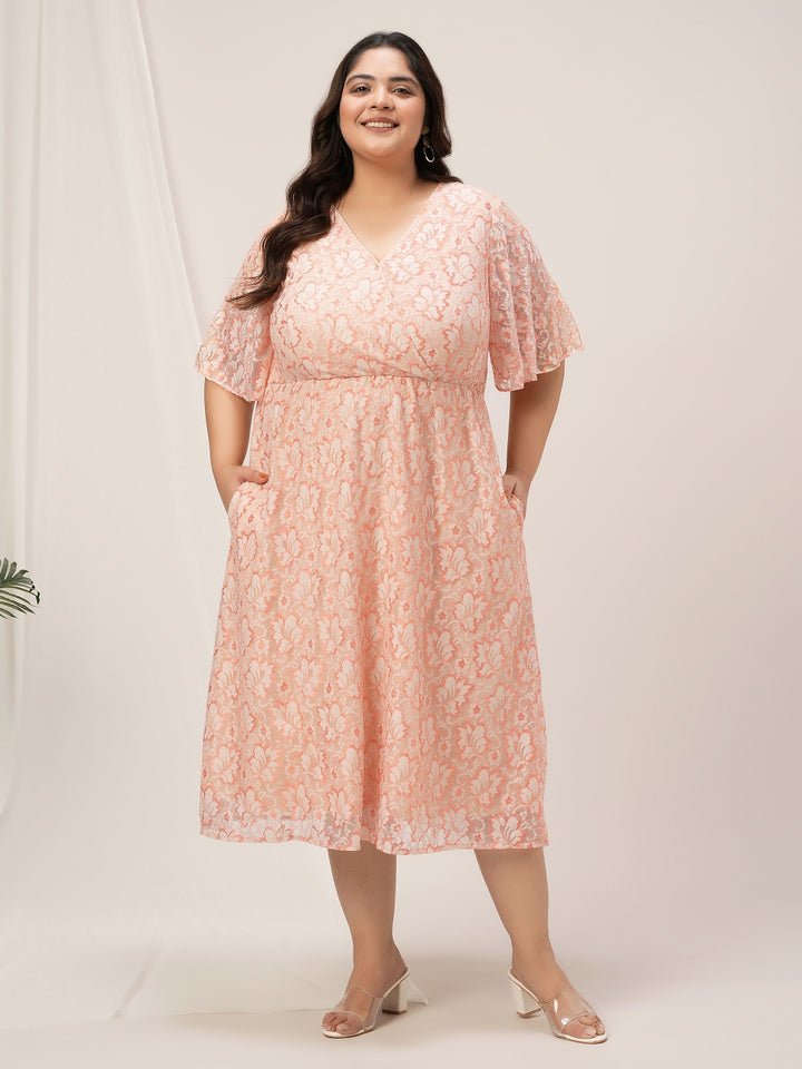 Plus Size Peach Lace Midi Dress
