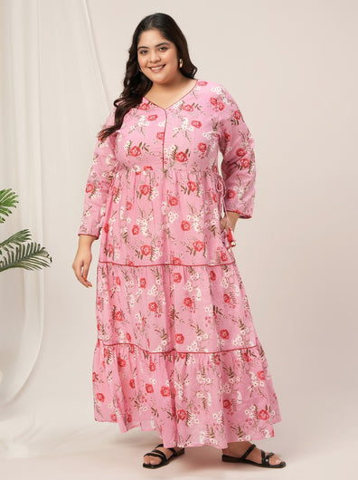 Plus Size Pink Floral Cotton Maxi Dress