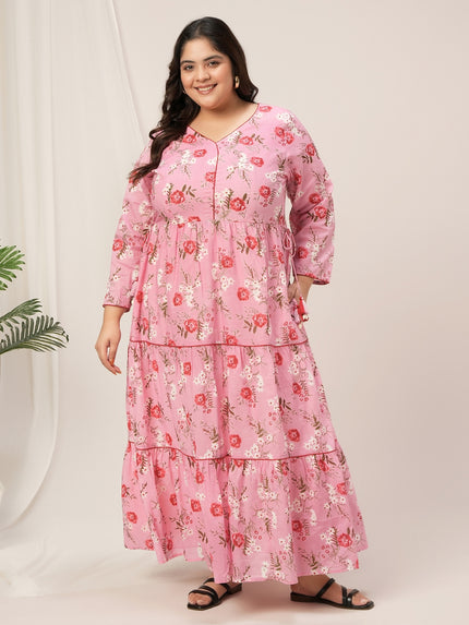 Plus Size Pink Floral Cotton Maxi Dress
