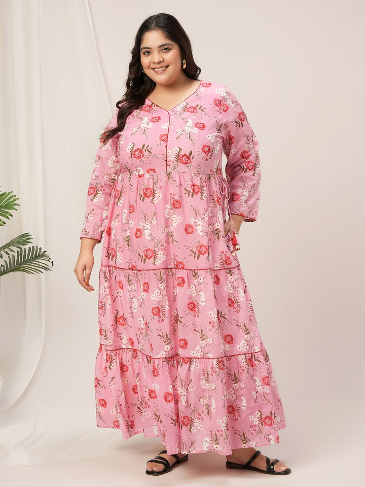Plus Size Pink Floral Cotton Maxi Dress